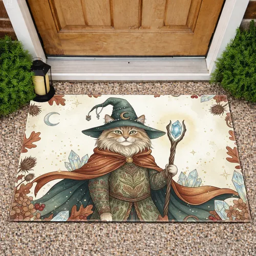 Wizard Cat Autumnal Foliage Crescent Moon Stars - Fantasy Home Decor Gift for Cat Lover Doormat