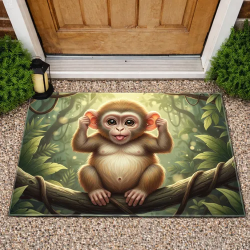 Fluffy Baby Monkey Playful Tongue Out Jungle Tree Branch - Wildlife Lover Gift Doormat