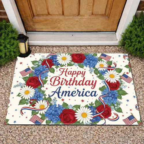 Happy Birthday America Floral Wreath - Independence Day Celebration Doormat