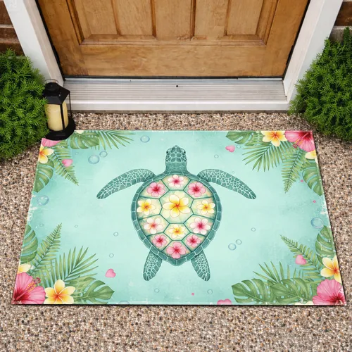 Sea Turtle Hibiscus Plumeria Tropical Floral - Ocean Home Decor Gift Doormat