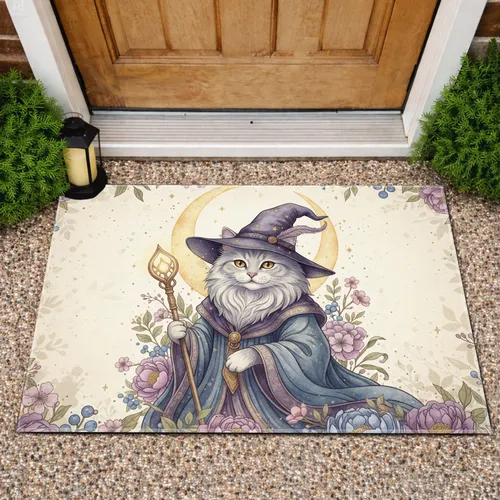 Wizard Cat Crescent Moon Peony Floral - Home Decor Gift for Cat Lover Doormat