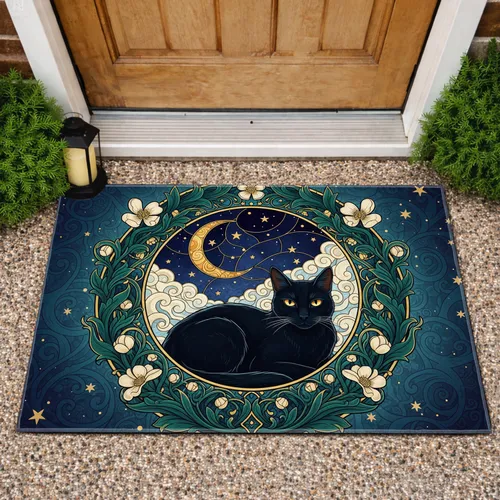 Black Cat Stained Glass Moon Floral Foliage - Home Decor Gift for Cat Lover Doormat