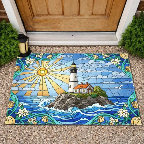 Lighthouse Ocean Cliff House Seagulls Sun Flowers Seashells - Coastal Decor Gift Doormat