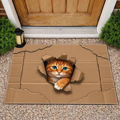 Blue Eyed Ginger Tabby Cat Cardboard Box - Cat Lover Home Decor Gift Doormat