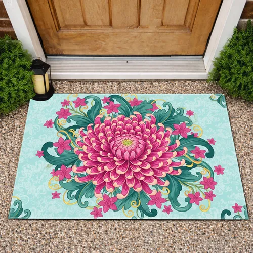 Chrysanthemum Layered Petals Five Petal Flowers Lush Foliage - Home Decor Gift Doormat