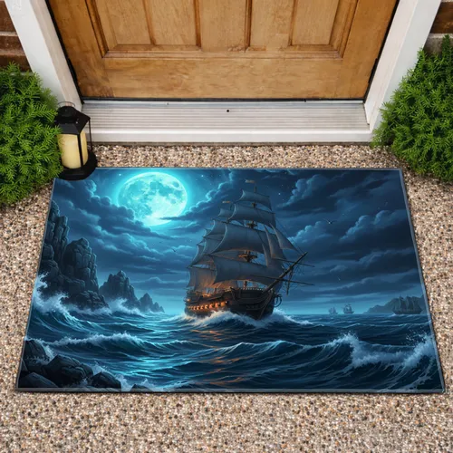 Moonlit Tall Ship Stormy Sea Cliffs - Nautical Home Decor Gift for Sea Lover Doormat