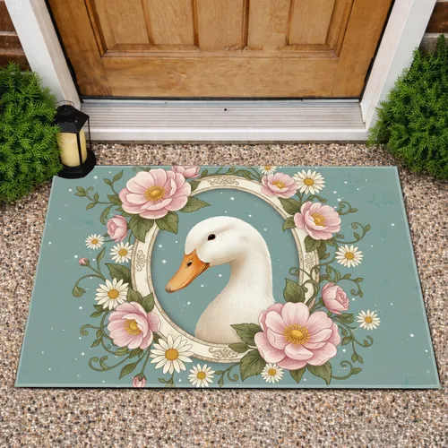 White Duck Cream Frame Floral - Home Decor Gift for Duck Lover Doormat