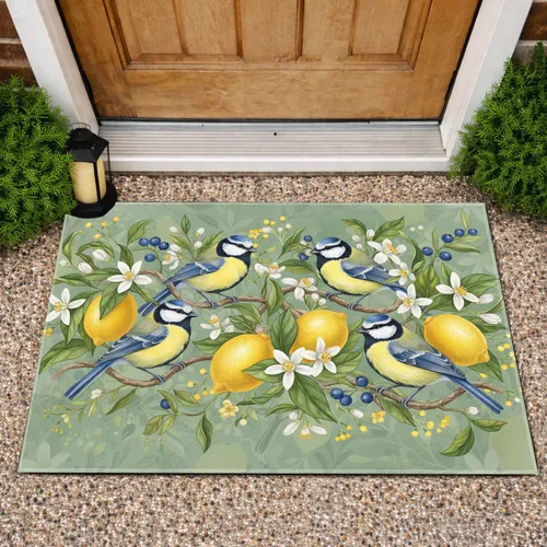 Great Tit Birds Lemon Blossom Branches Berries Green Leaves - Garden Lover Home Decor Gift Doormat