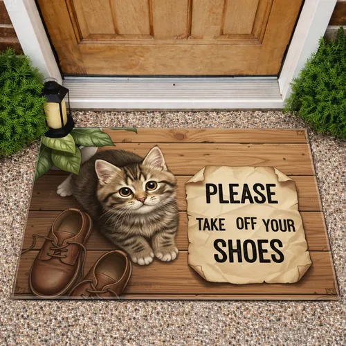 Fluffy Tabby Kitten Shoes Please Take Off Your Shoes - Entryway Decor Gift Doormat