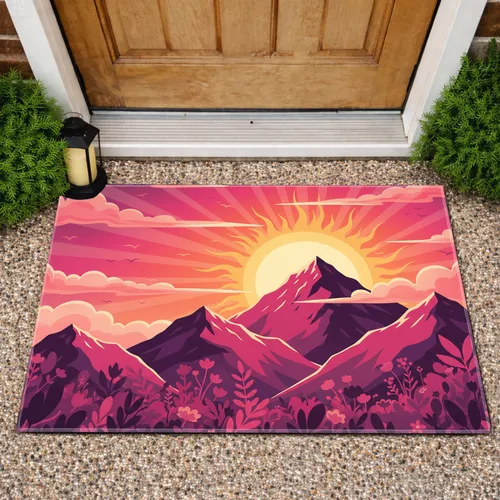 Fuchsia Orange Purple Sunset Mountain Floral Birds - Home Decor Gift Doormat
