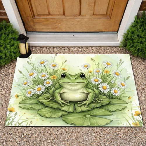 Green Tree Frog Lily Pad Daisies Wildflowers - Garden Home Decor Gift Doormat