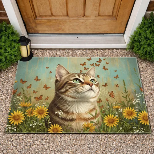 Tabby Cat Wildflower Meadow Butterflies - Cat Lover Home Decor Gift Doormat