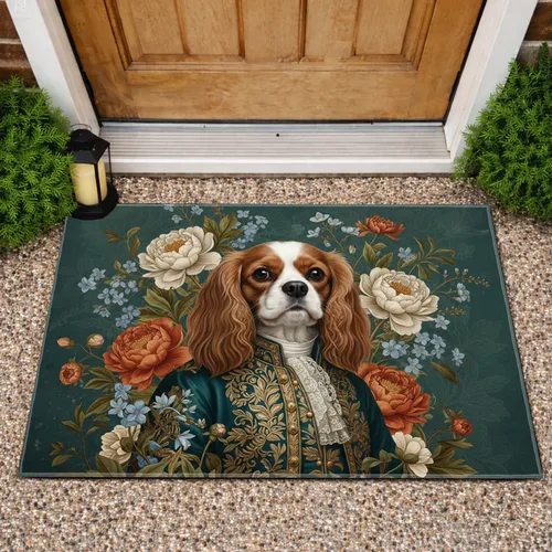 Cavalier King Charles Spaniel Teal Jacket Peony Floral Garden - Home Decor Gift Dog Lover Doormat