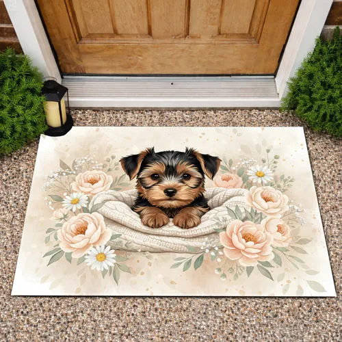Yorkshire Terrier Puppy Floral Peonies - Home Decor Gift for Dog Lover Doormat