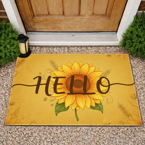 Mustard Yellow Brown Sunflower Hello Script - Rustic Farmhouse Home Decor Doormat