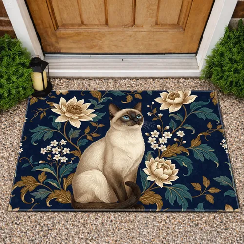 Siamese Cat Blue Eyes Cream Blossoms Navy Botanical - Home Decor Gift for Cat Lover Doormat