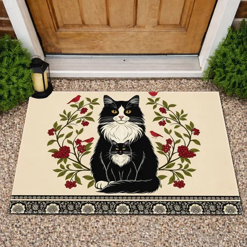 Black White Cat Kitten Red Berries Birds - Home Decor Gift Doormat