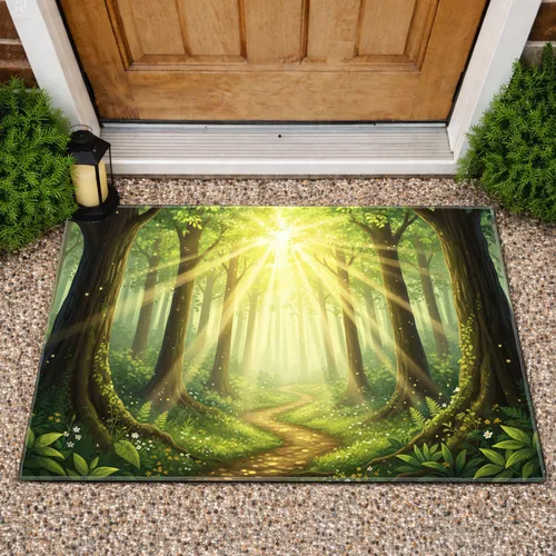 Winding Forest Path Golden Light Lush Greens Home Decor Gift for Nature Lovers Doormat