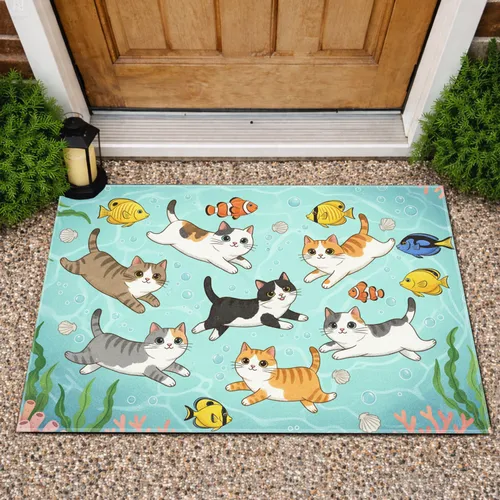 Cartoon Cats Fish Coral Underwater - Cat Lover Home Decor Gift Doormat