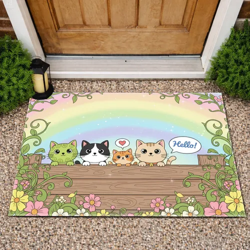 Friendly Cartoon Cats Peeking Fence Flowers Stars - Cat Lover Home Decor Gift Doormat