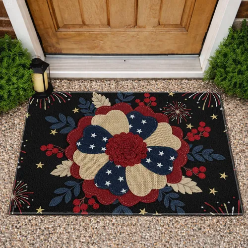 Patriotic Flower Golden Stars Fireworks - Independence Day Home Decor Gift for Veterans Doormat