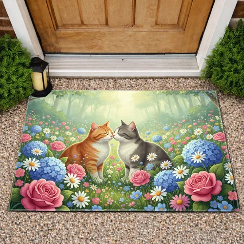 Orange Grey Cats Nuzzling Floral Meadow - Home Decor Gift for Cat Lovers Doormat