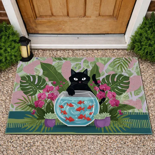 Black Cat Goldfish Fishbowl Tropical Floral - Home Decor Gift for Cat Lover Doormat