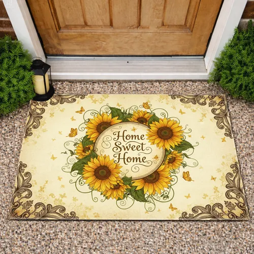 Home Sweet Home Sunflowers Butterflies Vintage Scrollwork - Farmhouse Decor Gift Doormat