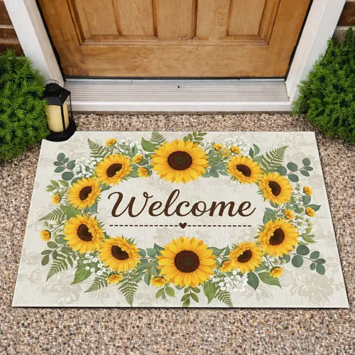 Welcome Script Underlined Heart Sunflowers Foliage Wreath - Farmhouse Home Decor Gift Doormat