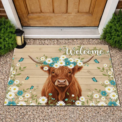 Highland Cow Daisy Welcome - Farmhouse Home Decor Gift for Cow Lover Doormat