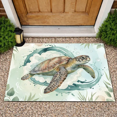 Sea Turtle Water Splash Eucalyptus - Home Decor Gift for Turtle Lover Doormat