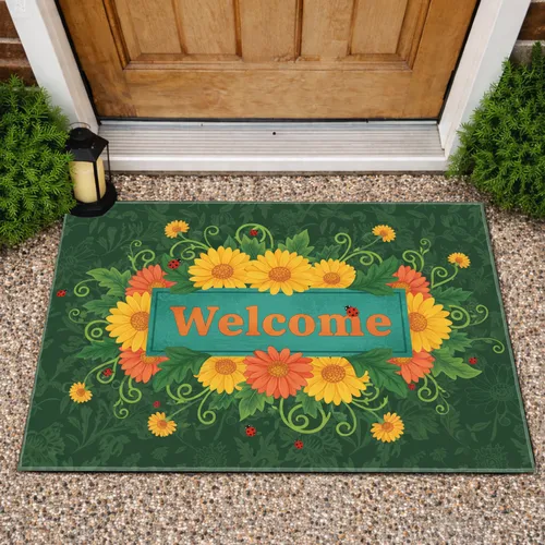 Rich Botanical Garden Gerbera Daisy Ladybug Welcome Sign - Entryway Decor Gift Doormat