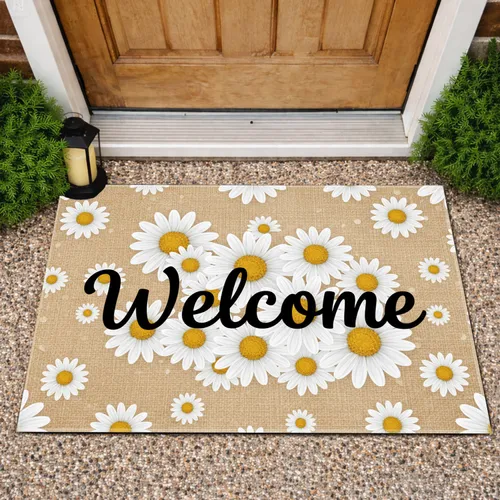 White Daisy Golden Yellow Welcome Script Tan Field - Home Decor Gift Doormat