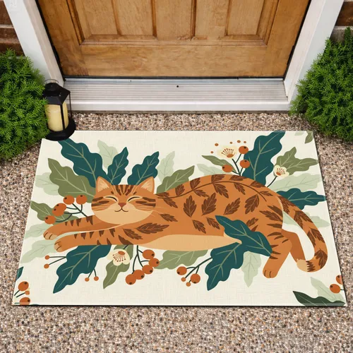 Orange Tabby Cat Botanical Leaves Flowers - Home Decor Gift for Cat Lover Doormat