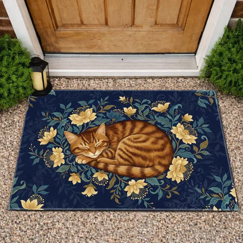 Sleeping Orange Tabby Cat Botanical Blooms - Home Decor Gift for Cat Lover Doormat