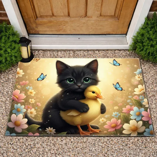 Black Kitten Duckling Wildflower - Home Decor Gift for Pet Lover Doormat
