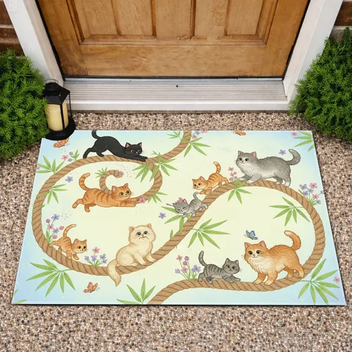 Cartoon Cats Jute Path Wildflowers - Home Decor Gift for Cat Lover Doormat