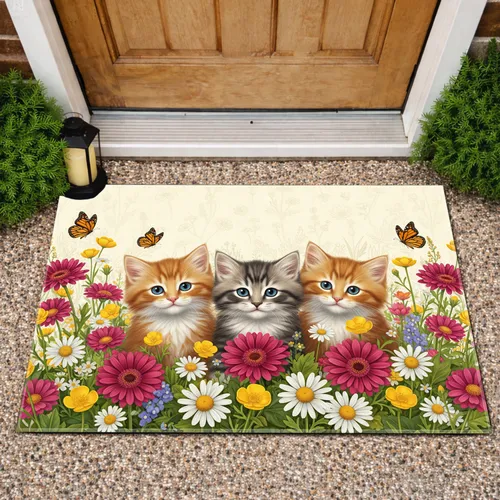 Fluffy Kittens Wildflower Meadow Monarch Butterflies - Cat Lover Gift Doormat