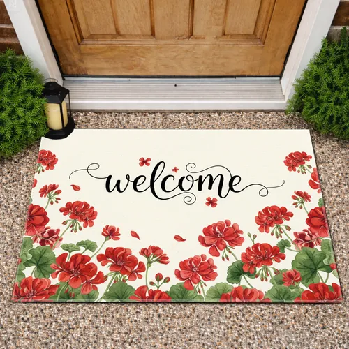 Welcome Script Flourish Red Geranium Floral Border - Home Decor Gift for Housewarming Doormat