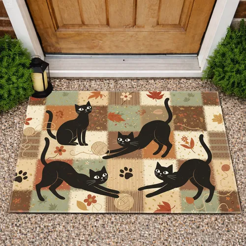 Black Cats Patchwork Quilt Autumn Leaves Flowers - Farmhouse Decor Gift for Cat Lovers Doormat