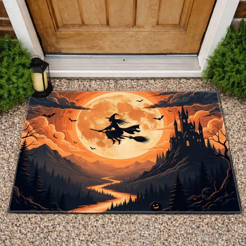 Flying Witch Full Moon Gothic Castle - Halloween Decor for Halloween Enthusiast Doormat