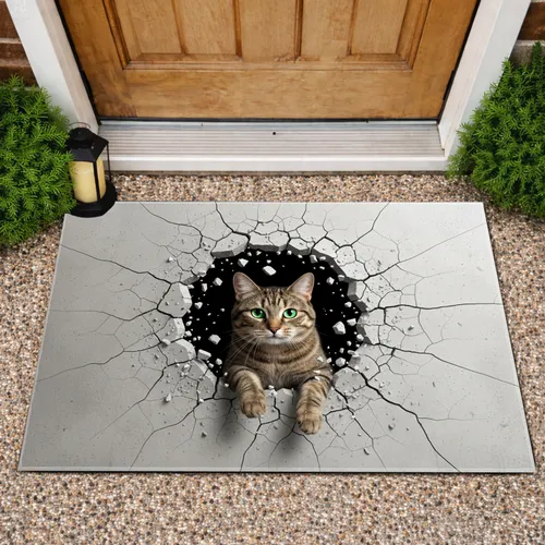 Tabby Cat Broken Concrete Hole - Home Decor Gift for Cat Lover Doormat