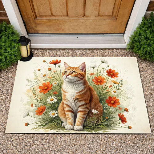 Majestic Orange White Tabby Cat Wildflower Field - Cat Lover Home Decor Gift Doormat