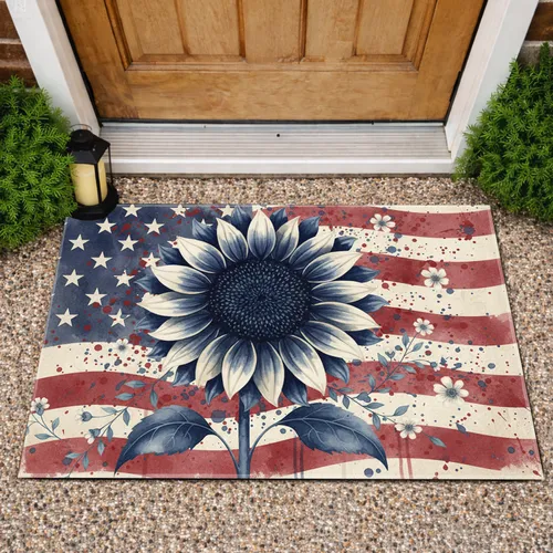 Rustic Sunflower American Flag - Independence Day Gift for Veterans Doormat