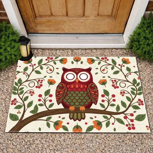 Owl Red Berries Green Leaves Floral Branches - Wildlife Lover Gift Doormat