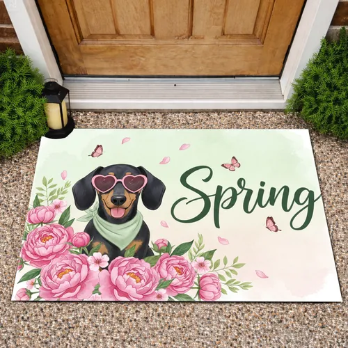Black Tan Dachshund Spring Peony Butterflies - Spring Home Decor Gift for Dog Lover Doormat