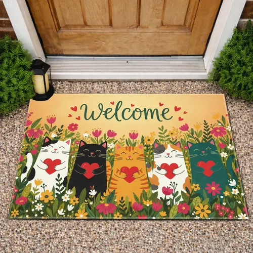 Five Cats Red Hearts Welcome Wildflowers - Home Decor Gift for Cat Lovers Doormat