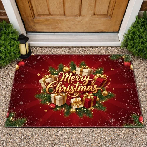 Merry Christmas Presents Pine Boughs Ornaments Golden Snowflakes - Festive Home Decor Doormat