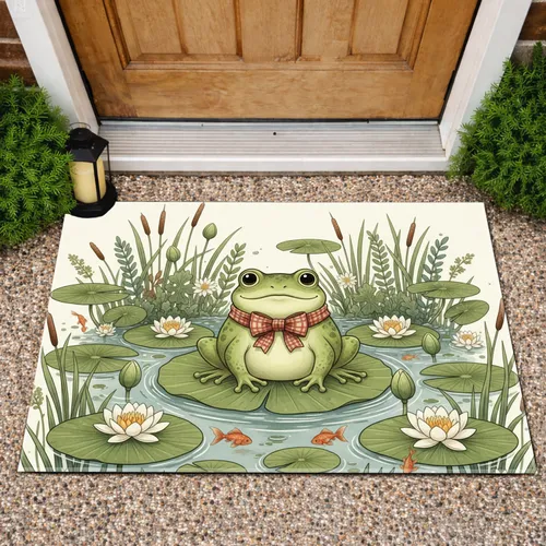 Big-Eyed Green Frog Lily Pad Water Lily Goldfish Pond - Home Decor Gift for Frog Lover Doormat