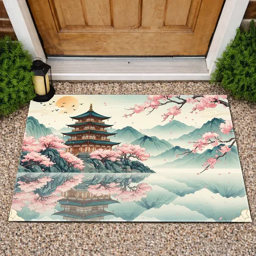 East Asian Pagoda Cherry Blossom Mountains Water Reflection Sun - Home Decor Gift Doormat